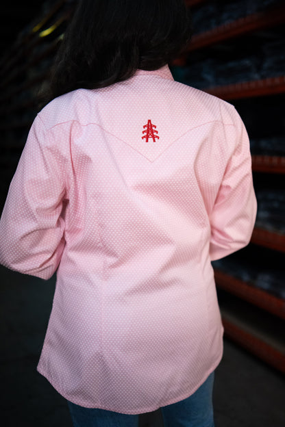 Women's FR Pearl Snap Ignite Pink work shirt Static FR, pink dotted fabric with red back logo on Tampa Home & Garden Store