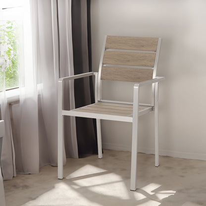 Outdoor Modern Aluminum Dining Chair with Faux Wood Seat (Set of 2), Natural and Silver