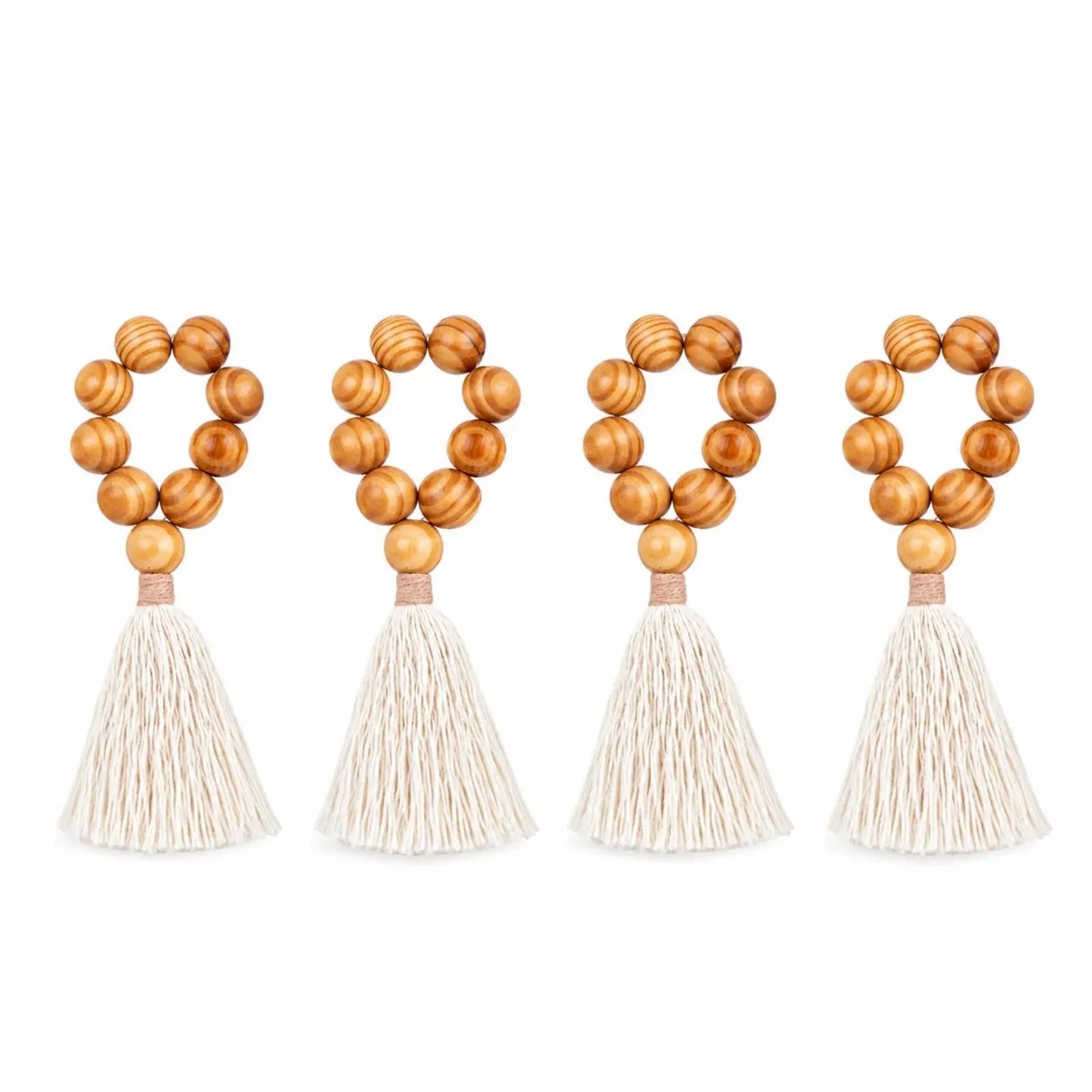 Boho napkin ring with wood beads and fringe, set of 4 in natural wood tones by Talah Home on Tampa Home & Garden Store