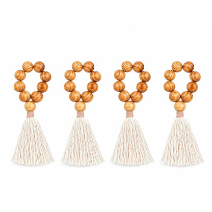 Boho napkin ring with wood beads and fringe, set of 4 in natural wood tones by Talah Home on Tampa Home & Garden Store