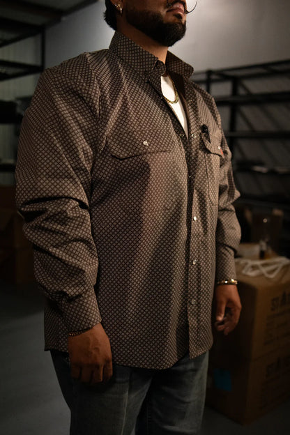 FR Pearl Snap Work Shirt Copperhead by Static FR with brown pattern and pearl snaps on Tampa Home & Garden Store