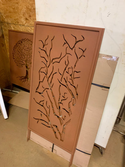 Outdoor metal privacy panels two-panel brown heavy-duty steel with tree branch cutouts on Tampa Home & Garden Store