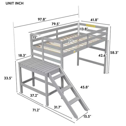 Twin loft bed with platform in grey finish, built-in ladder and guard rails over open lower area on Tampa Home & Garden Store
