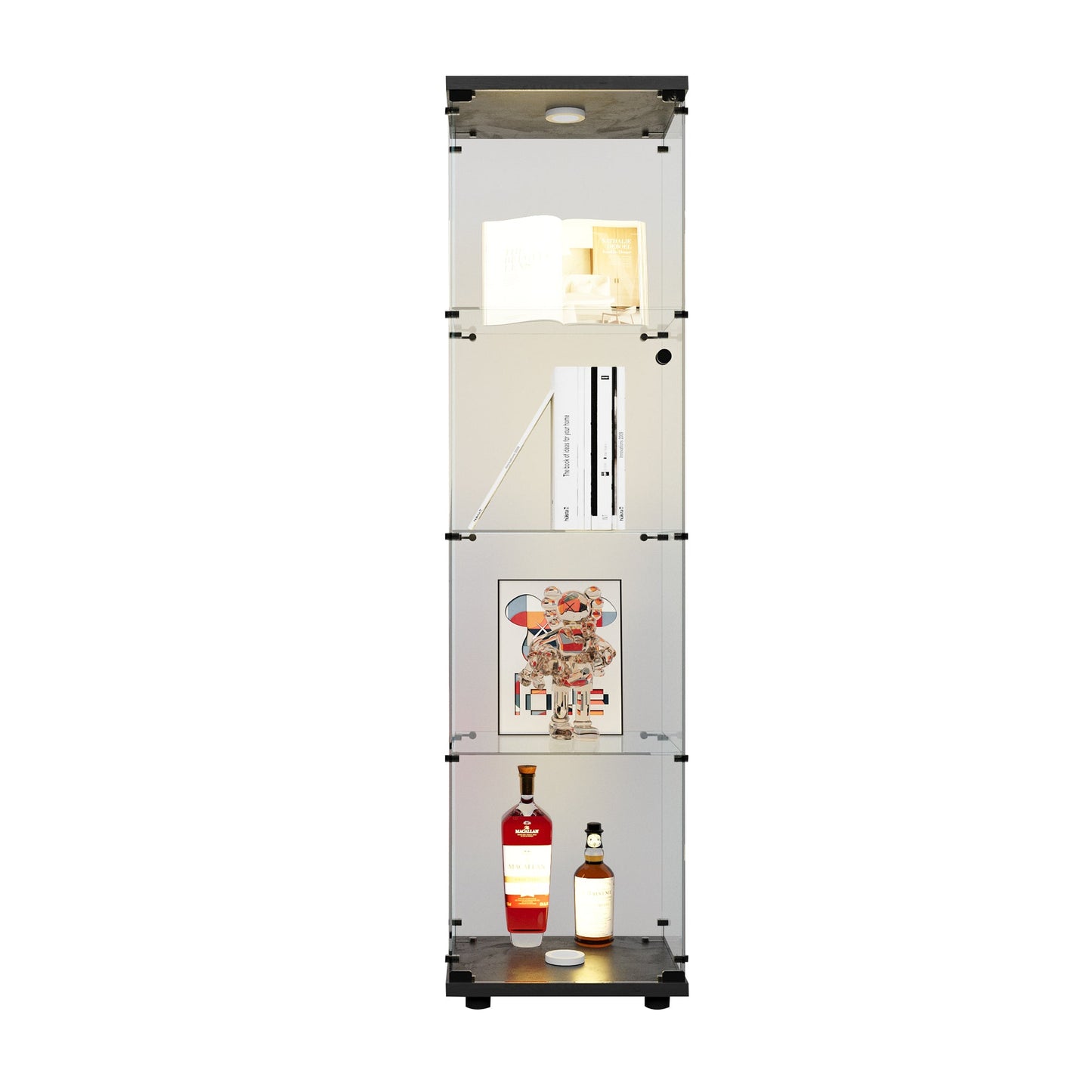 4 LED light glass display cabinets with door shelves, floor standing antique bookshelf, 64.7 "* 16.7" * 14.3 ", black - Tampa Home & Garden Store