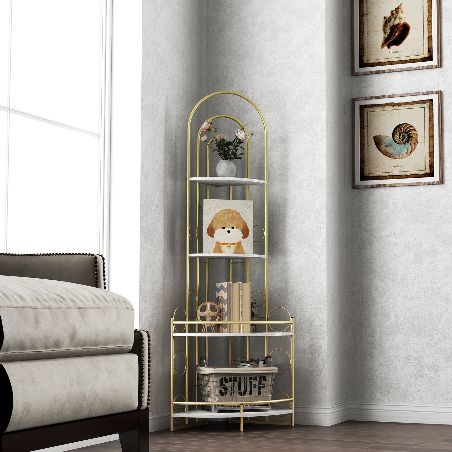Gold 4-Tier Corner Bookshelf, Modern Style, Plant Stand with Metal Frame - Tampa Home & Garden Store