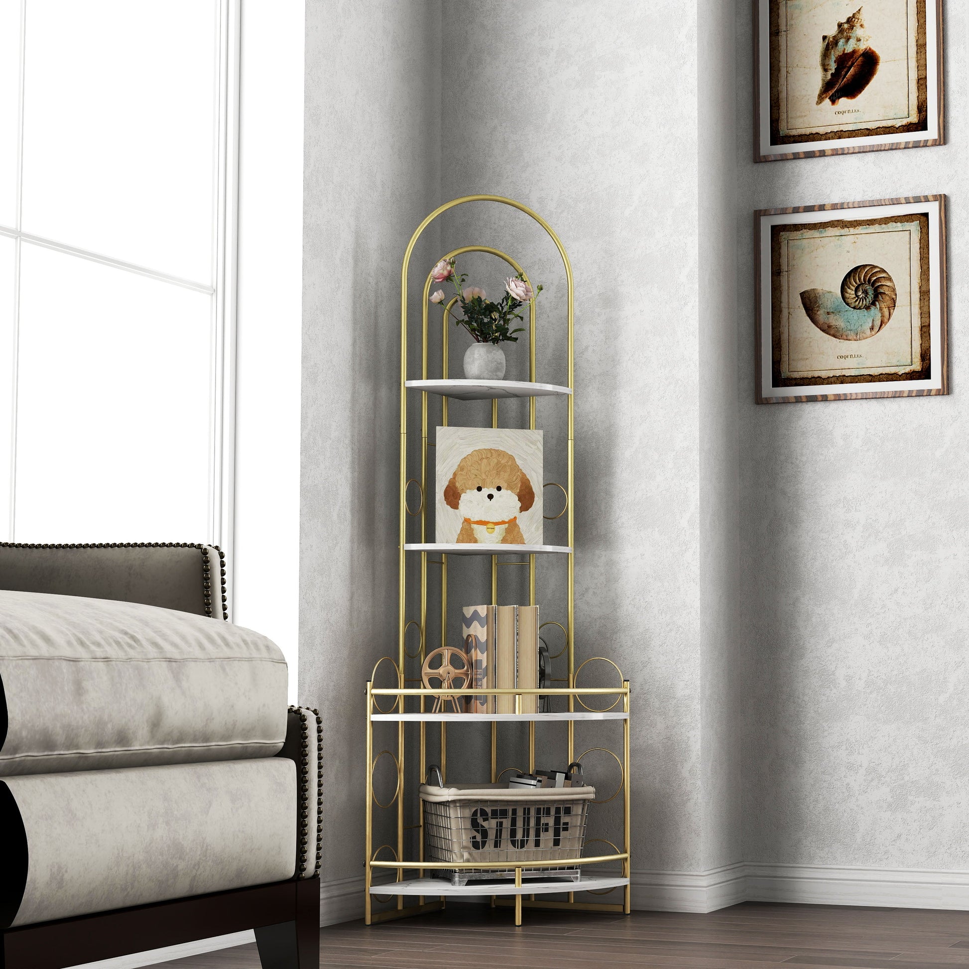 Gold 4-Tier Corner Bookshelf, Modern Style, Plant Stand with Metal Frame - Tampa Home & Garden Store
