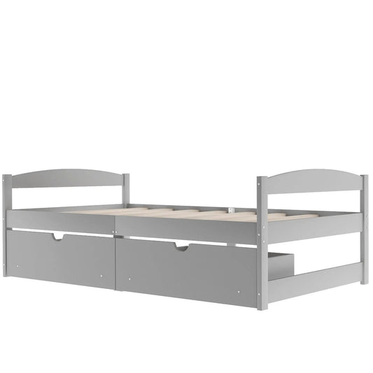 Twin size platform bed in gray with two under-bed drawers, slat base, VIP Digital Presence on Tampa Home & Garden Store