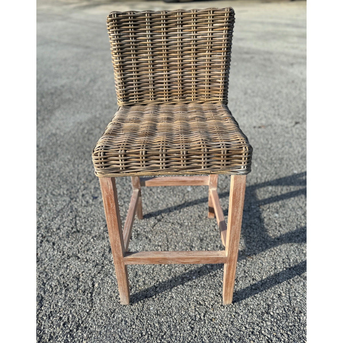 Key Largo Rattan Bar Stool natural brown wicker with woven back and wood legs on Tampa Home & Garden Store