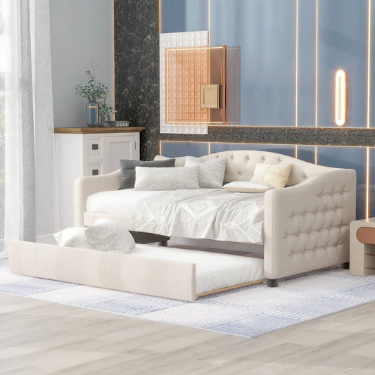 Upholstered twin daybed with trundle in beige, tufted headboard and light wood base on Tampa Home & Garden Store