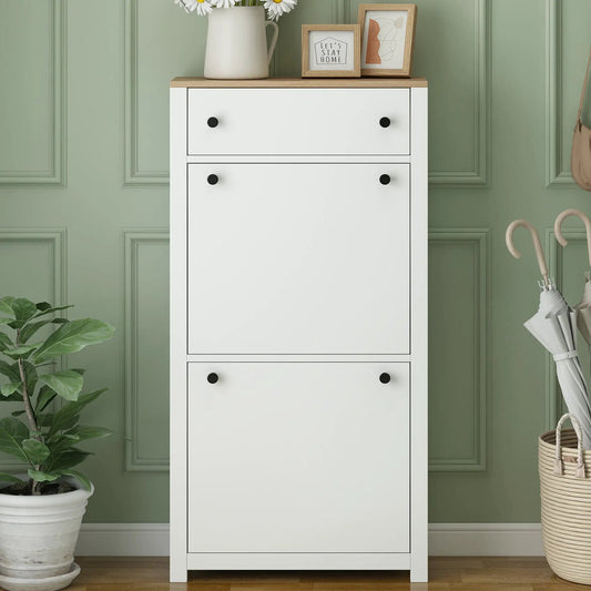 Ontrend Shoe Cabinet with 2 flip drawers, white finish and natural wood top storage on Tampa Home & Garden Store