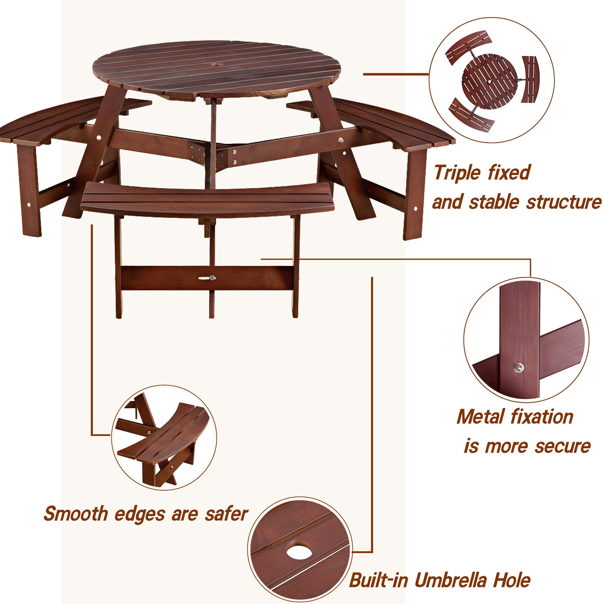 6-person circular picnic table with 3 built-in benches, umbrella holes, outdoor tables and chairs brown bench set - Tampa Home & Garden Store