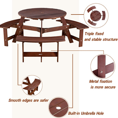 6-person circular picnic table with 3 built-in benches, umbrella holes, outdoor tables and chairs brown bench set - Tampa Home & Garden Store
