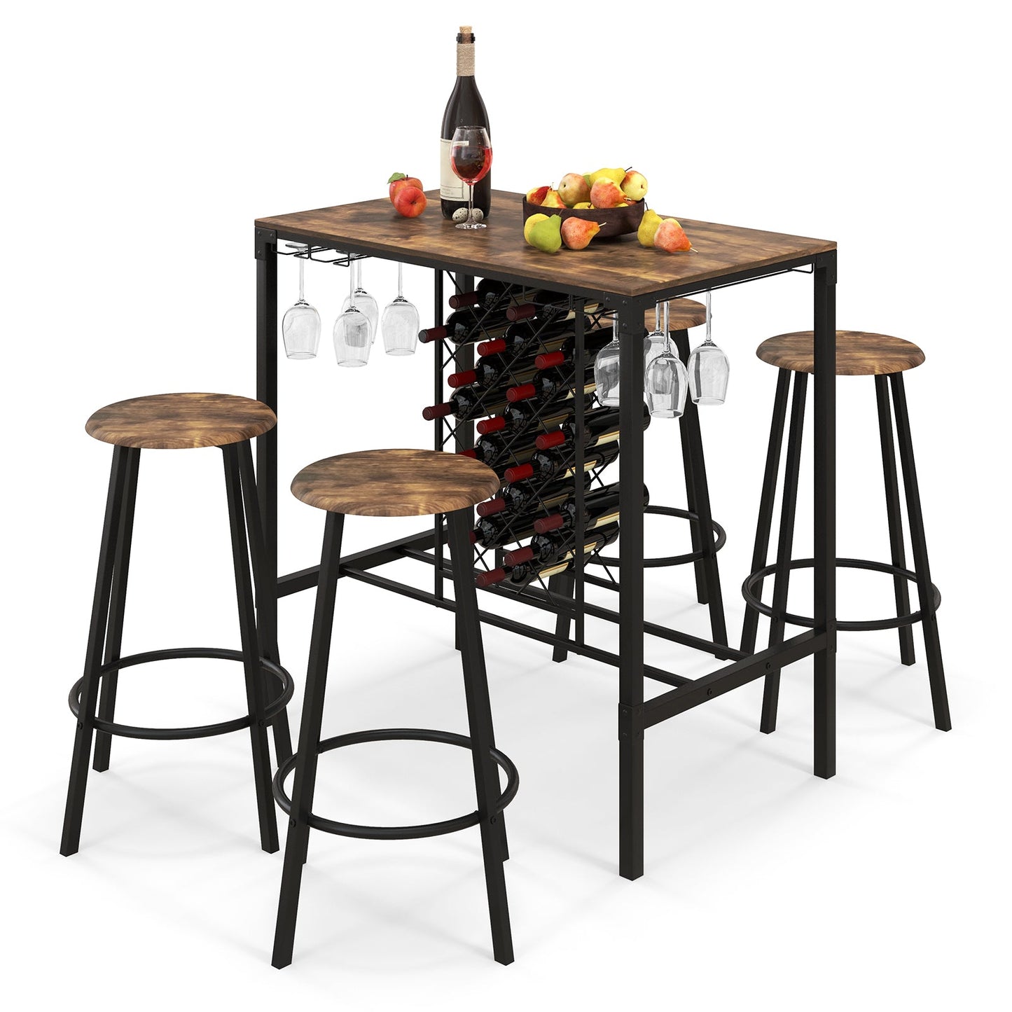 Juego de 5 piezas de mesa y taburetes de bar con botellero y copero, marrón rústico