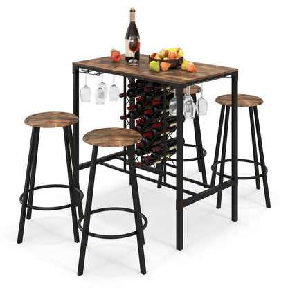 Juego de 5 piezas de mesa y taburetes de bar con botellero y copero, marrón rústico