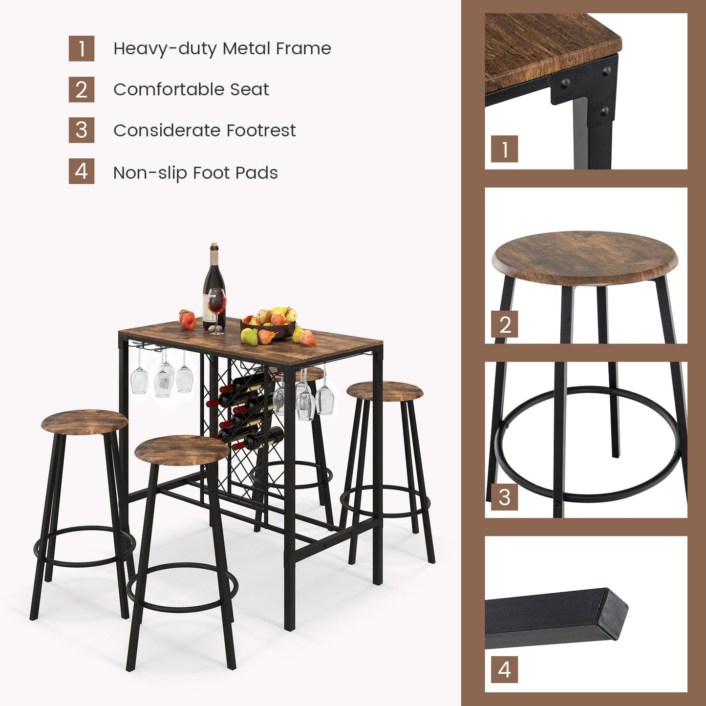 Juego de 5 piezas de mesa y taburetes de bar con botellero y copero, marrón rústico