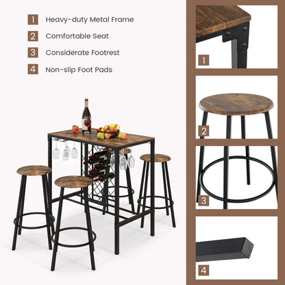 Juego de 5 piezas de mesa y taburetes de bar con botellero y copero, marrón rústico