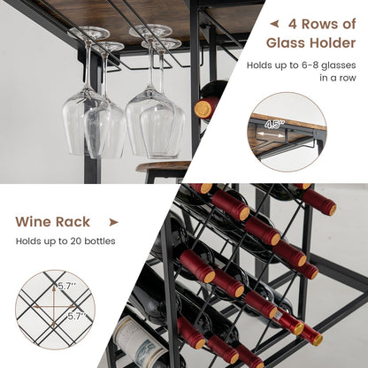 Juego de 5 piezas de mesa y taburetes de bar con botellero y copero, marrón rústico