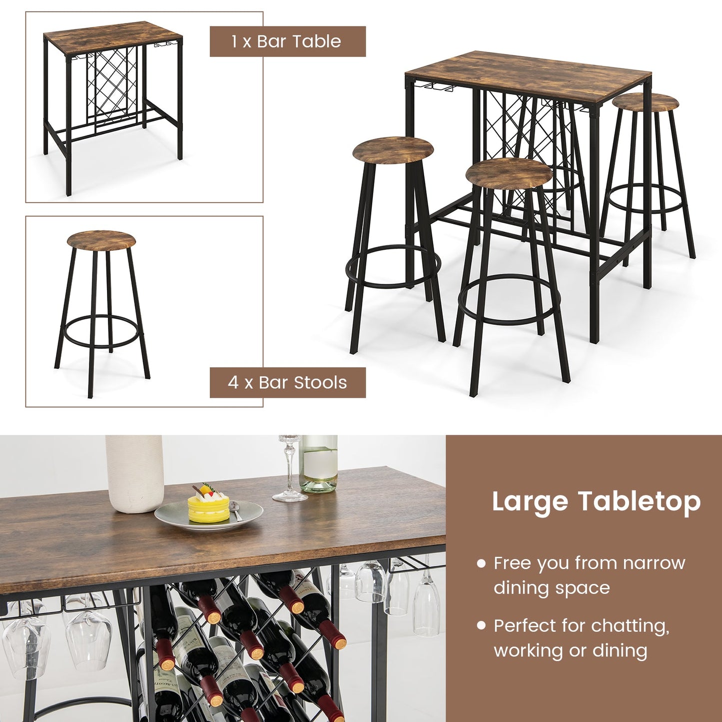 Juego de 5 piezas de mesa y taburetes de bar con botellero y copero, marrón rústico