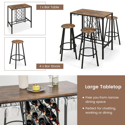 Juego de 5 piezas de mesa y taburetes de bar con botellero y copero, marrón rústico