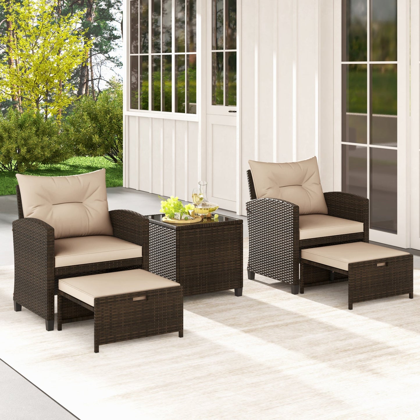 5 Piece Patio Set With 2 Ottomans and Red Table