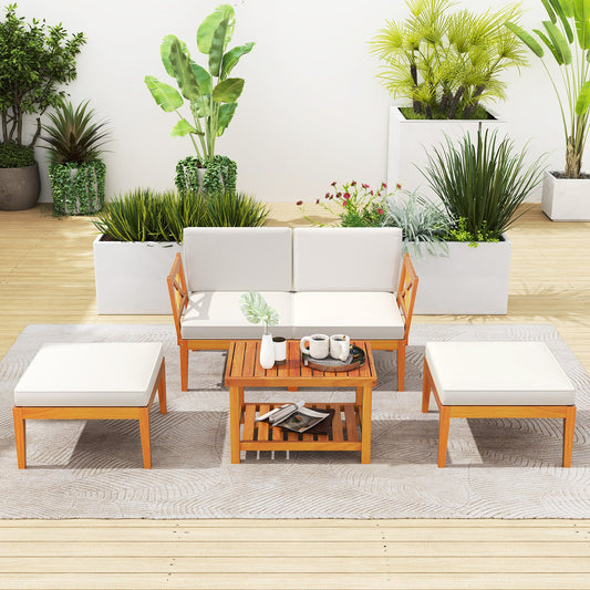 5 Pieces Acacia Wood Patio Chaise Lounge Chair Set with Ottoman and Cushions-White - Tampa Home & Garden Store