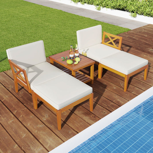 5 Pieces Acacia Wood Patio Chaise Lounge Chair Set with Ottoman and Cushions-White - Tampa Home & Garden Store