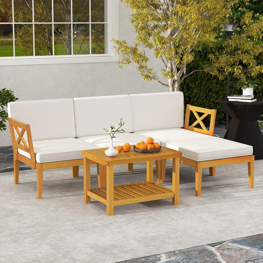 5 Pieces Acacia Wood Patio Furniture Set with 2-Tier Coffee Table and Cushions-White - Tampa Home & Garden Store