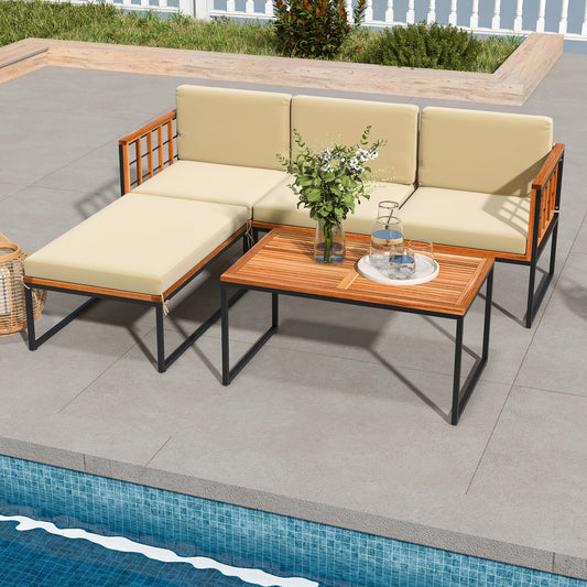 5 Pieces Patio Furniture Set Acacia Wood Sectional Set with Heavy-Duty Metal Frame-Beige - Tampa Home & Garden Store