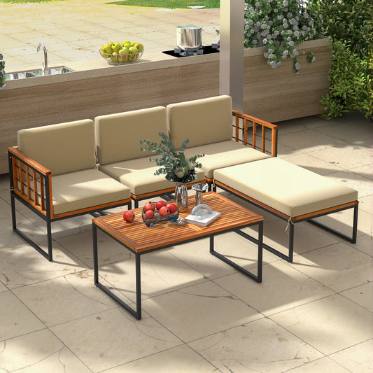 5 Pieces Patio Furniture Set Acacia Wood Sectional Set with Heavy-Duty Metal Frame-Beige - Tampa Home & Garden Store