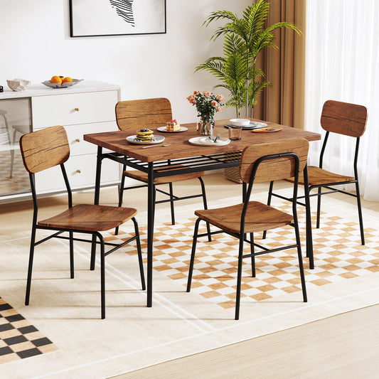 Juego de mesa de 5 piezas para 4 con estructura de metal y estante de almacenamiento-Marrón
