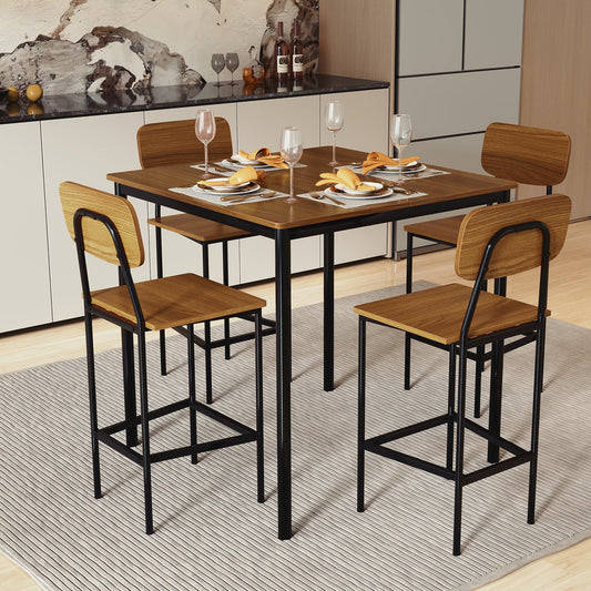 Juego de comedor industrial de 5 piezas con mesa de altura de mostrador y 4 taburetes de bar - Teca