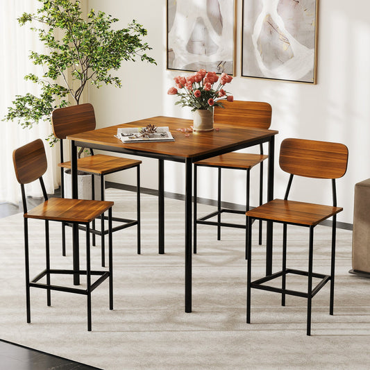 Juego de comedor industrial de 5 piezas con mesa de altura de mostrador y 4 taburetes de bar - Teca