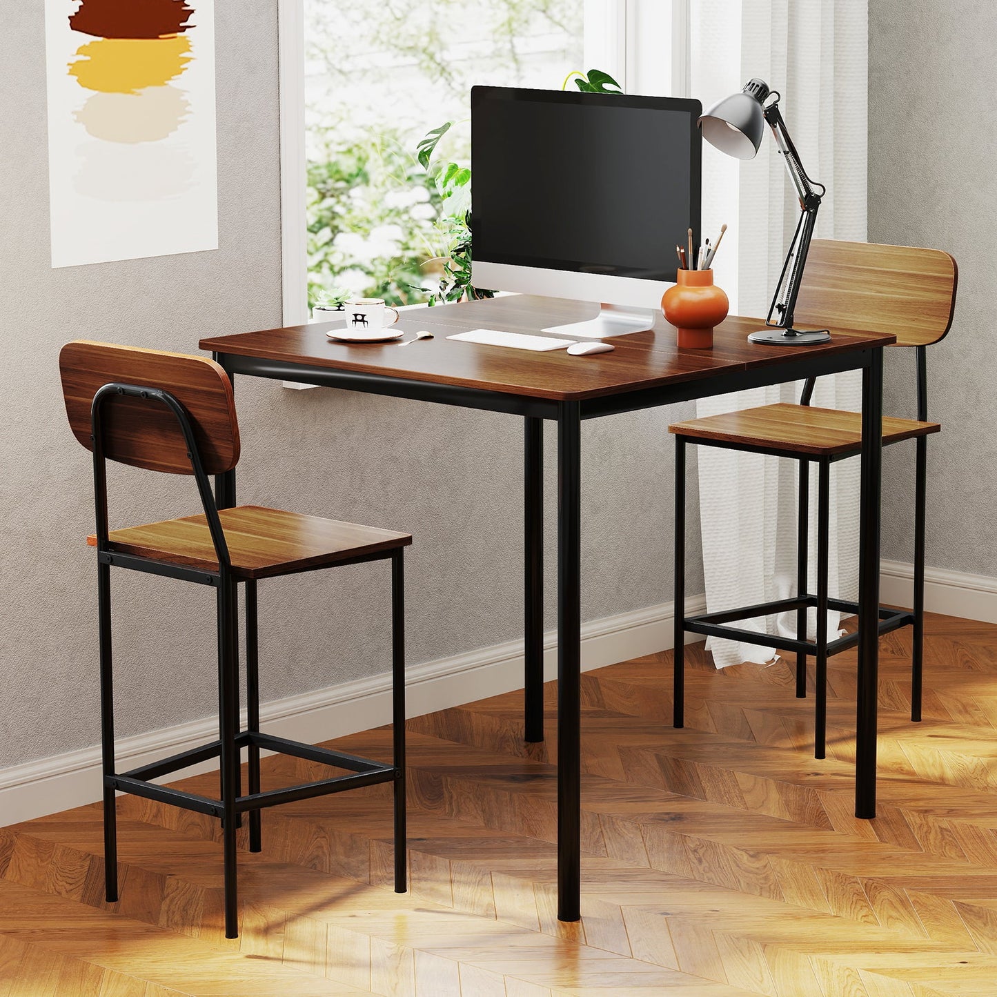5-Piece Industrial Dining Table Set with Counter Height Table and 4 Bar Stools-Teak