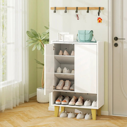 White 5-tier shoe cabinet with faux marble counter, yellow legs and organized shoes on Tampa Home & Garden Store