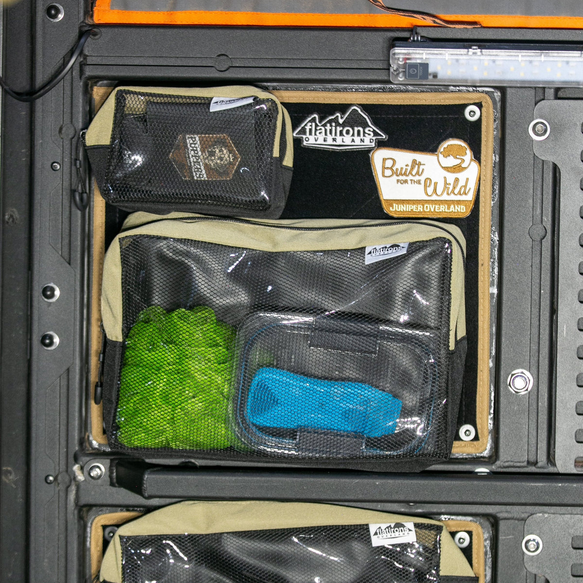 RiPouch Alu-Cab rear door storage system with tan/black mesh pouches by Flatirons Overland on Tampa Home & Garden Store