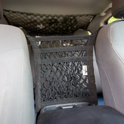Universal seat divider storage net in black nylon between front seats on Tampa Home & Garden Store