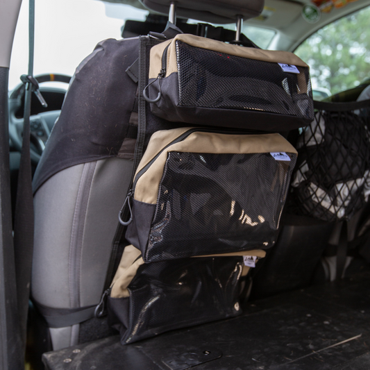 RiPouch Seatback Organizer by Flatirons Overland; tan and black mesh pockets on car seat back on Tampa Home & Garden Store