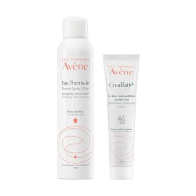 Avène skincare set: 2 white bottles with Eau Thermale spray and Cicalfate cream on Tampa Home & Garden Store