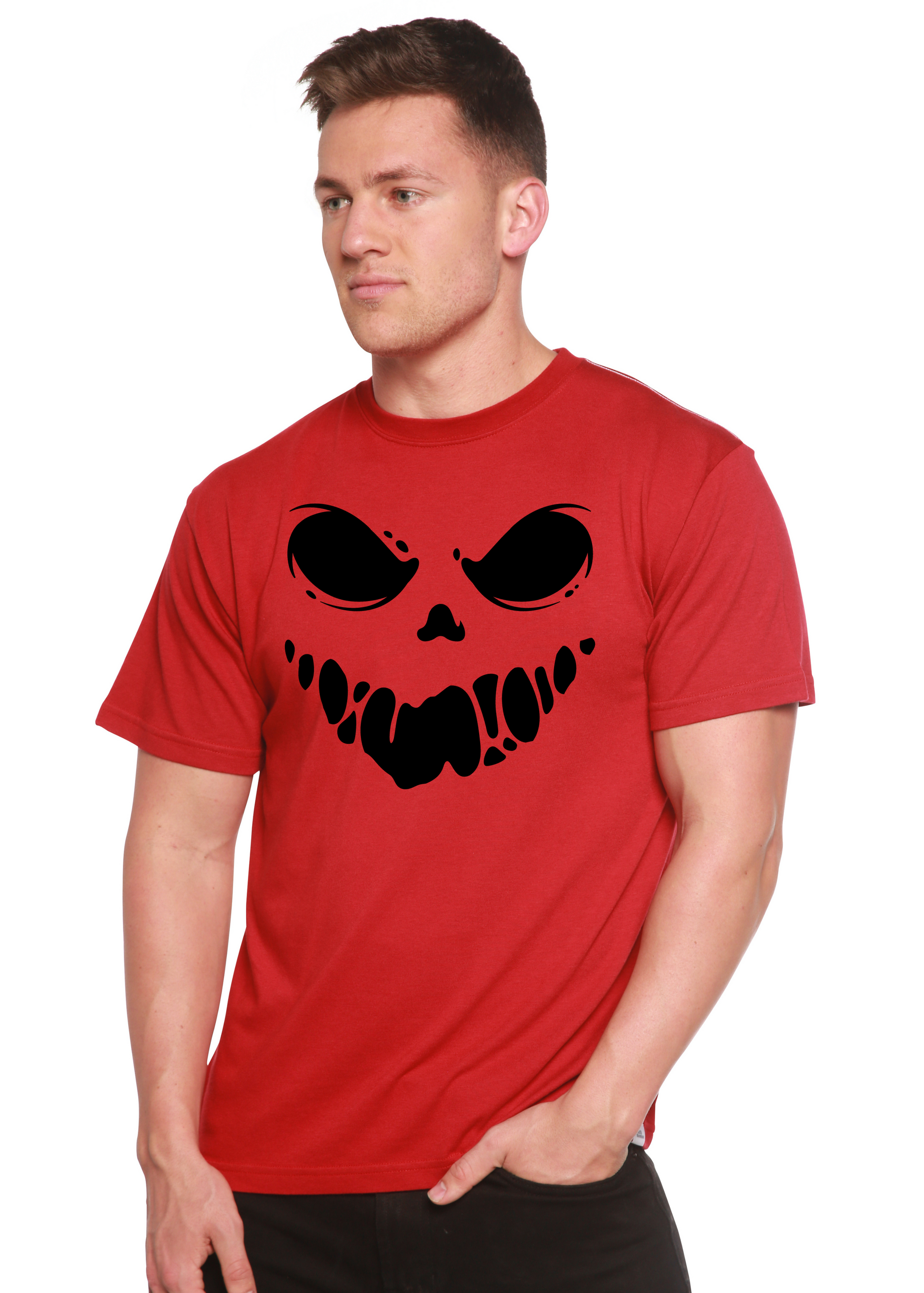 Halloween Boo men's bamboo viscose organic cotton short sleeve graphic T-shirt red skull print on Tampa Home & Garden Store