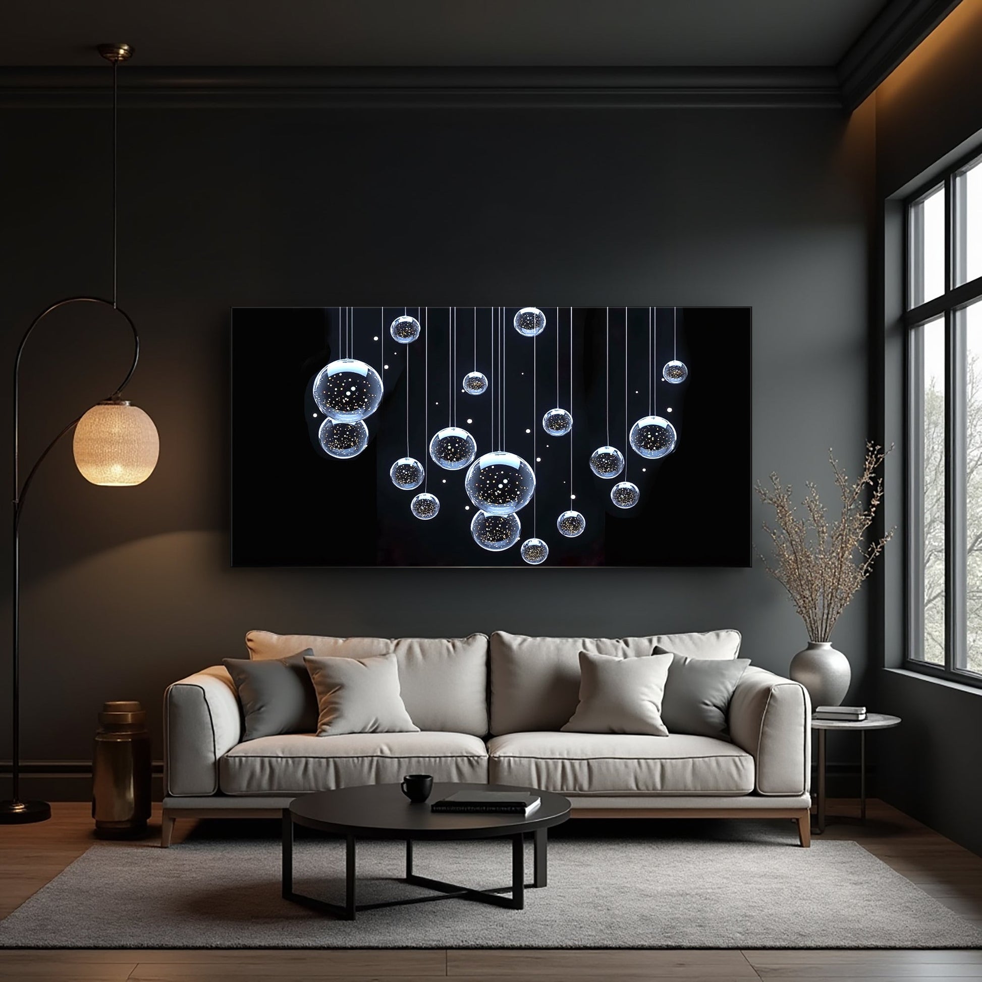 Modern Abstract Bubbles Wall Art canvas by Tailored Canvases blue bubble motifs on wall on Tampa Home & Garden Store