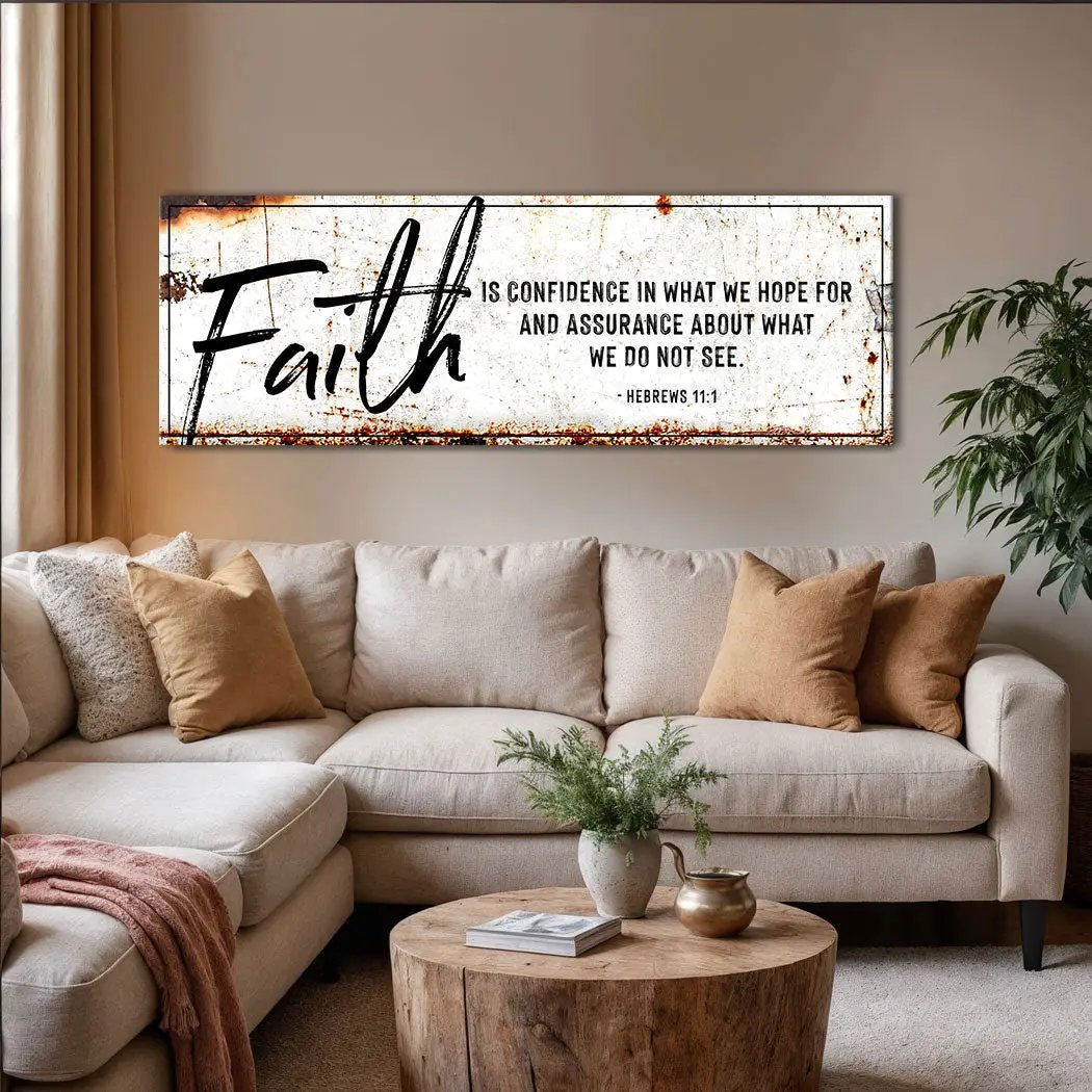 Faith Is Confidence canvas sign III, bold Faith script above beige sofa on Tampa Home & Garden Store