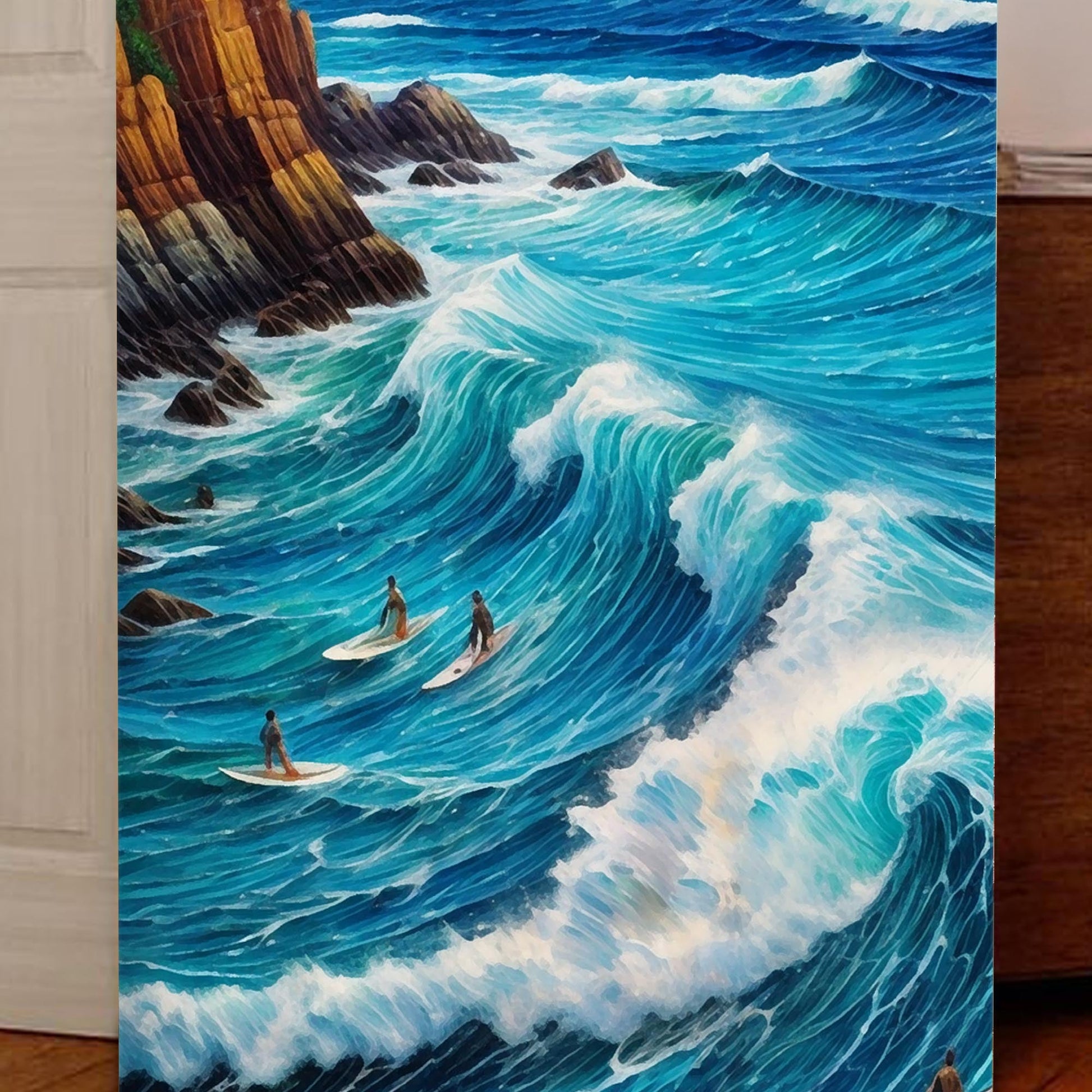 Beach Days Wall Art XX canvas by Tailored Canvases in blue waves with surfers near cliffs on Tampa Home & Garden Store