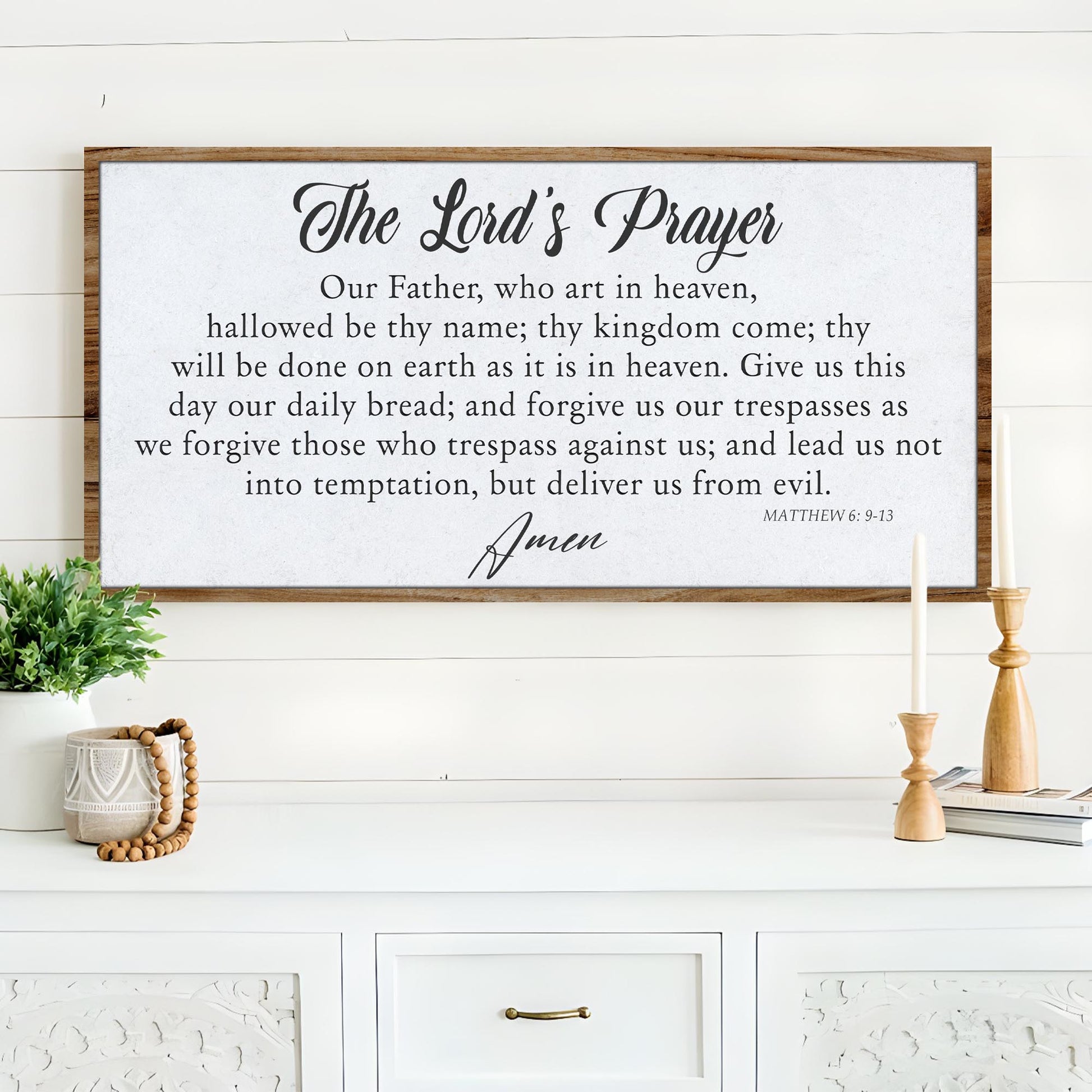 Canvas wall art The Lord's Prayer Faith Sign II by Tailored Canvases, brown wood frame on Tampa Home & Garden Store