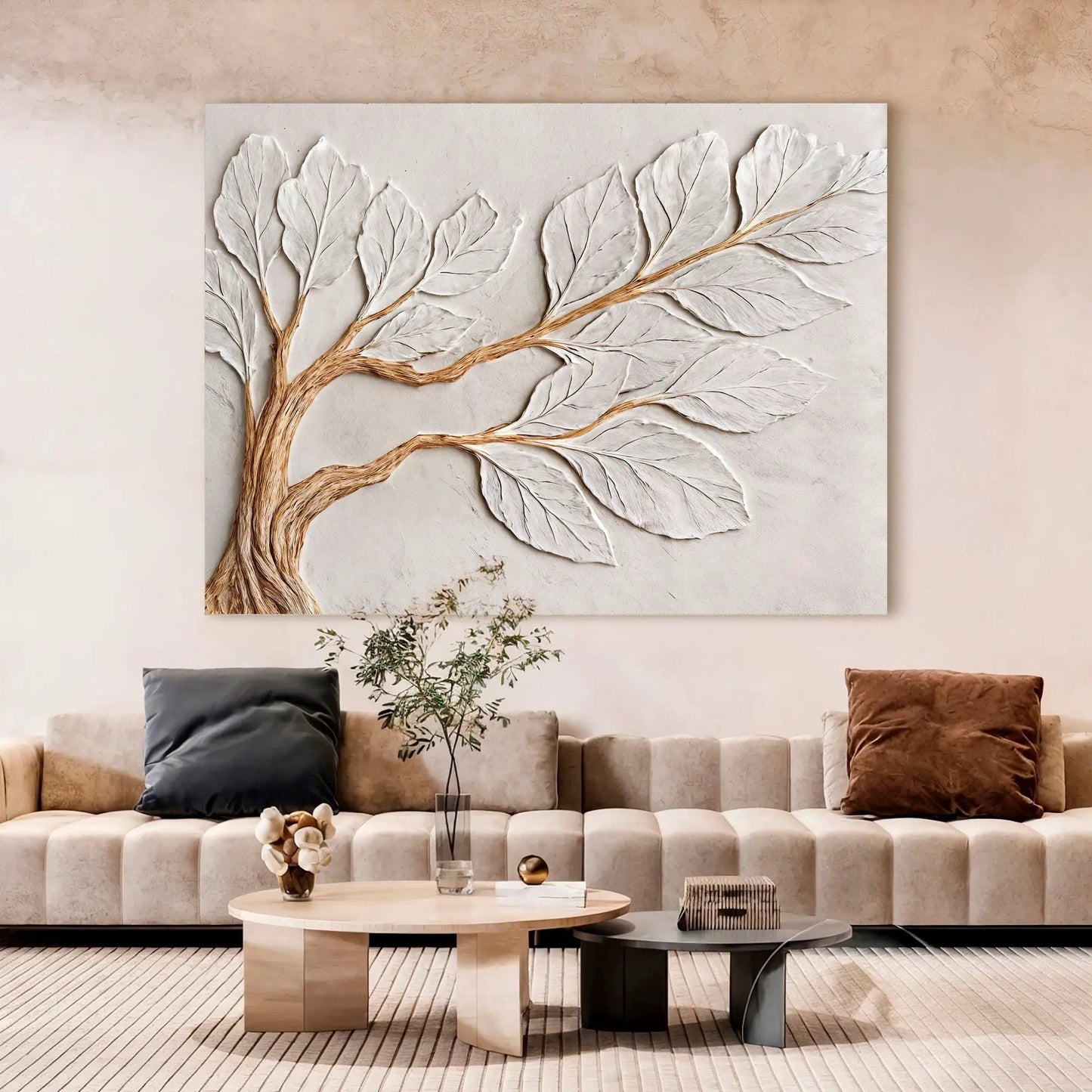 Calm In Ivory Clay Wall Art canvas by Tailored Canvases with ivory leaves on beige backdrop on Tampa Home & Garden Store