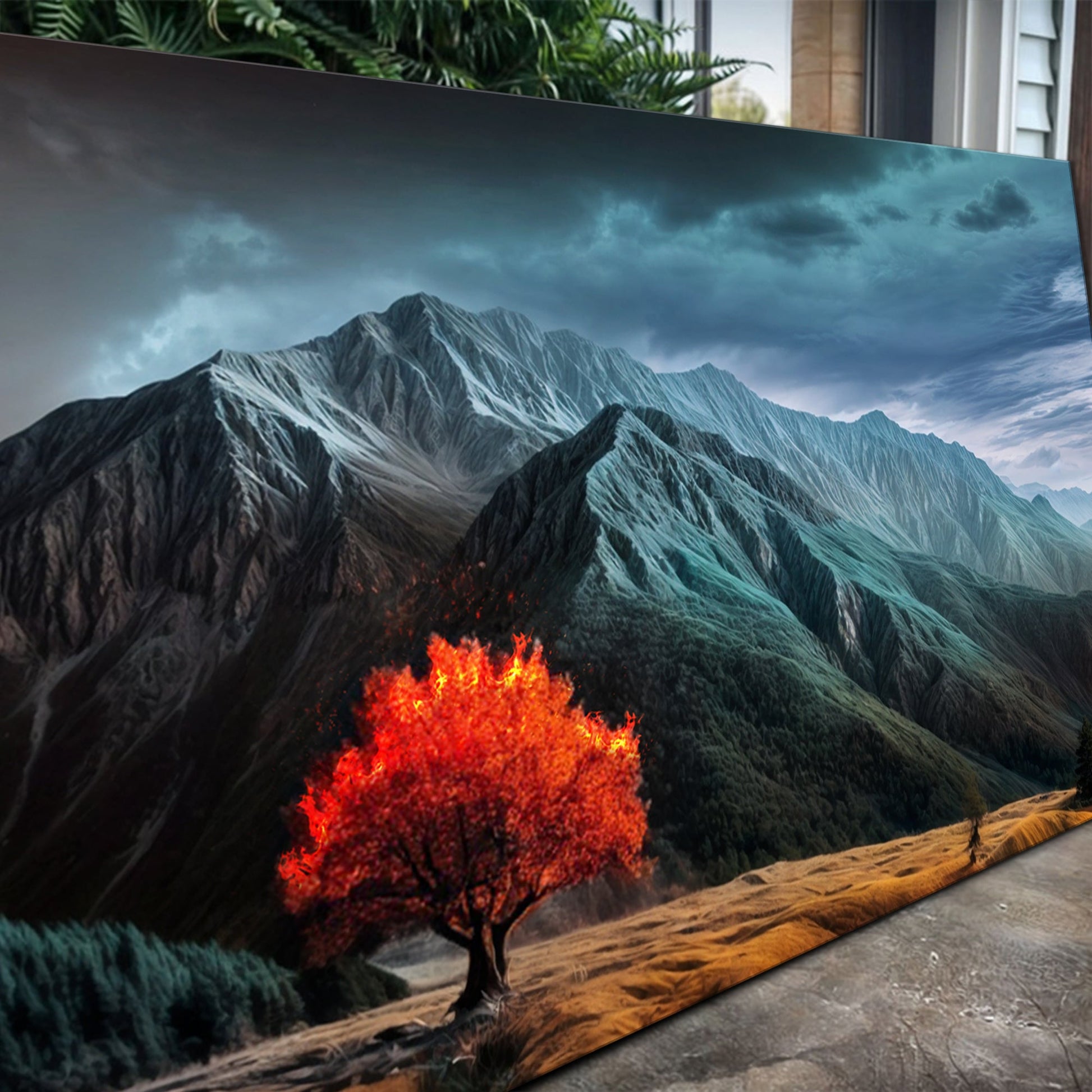 Burning Bush Faith Wall Art IX Canvas Tailored Canvases red-leaf tree with rugged mountains moody sky on Tampa Home & Garden Store