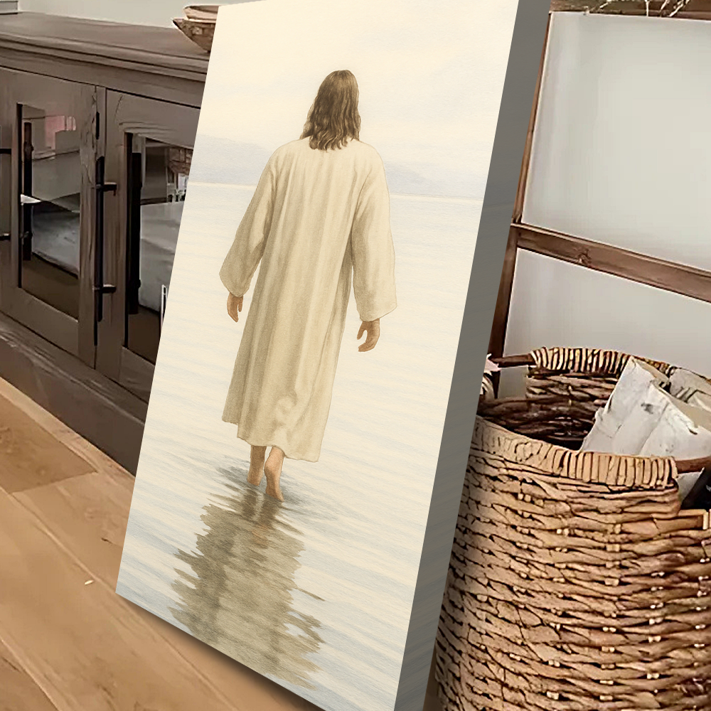 Reflections Faith Wall Art VIII canvas by Tailored Canvases, beige-robed figure walking on water on Tampa Home & Garden Store