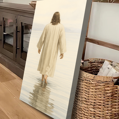 Reflections Faith Wall Art VIII canvas by Tailored Canvases, beige-robed figure walking on water on Tampa Home & Garden Store