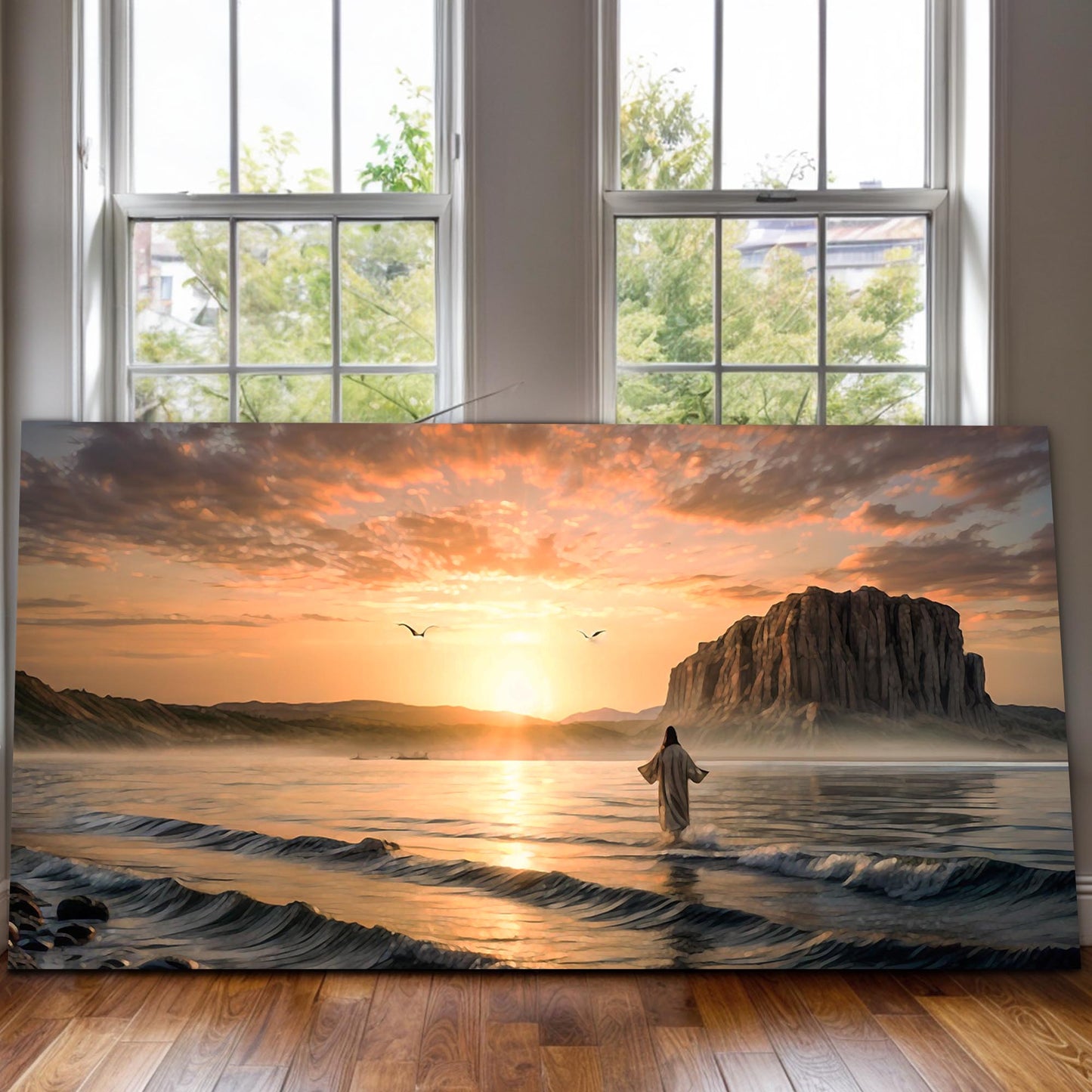 Walking on Water Faith Wall Art X canvas by Tailored Canvases, sunset seascape with rocky cliff on Tampa Home & Garden Store