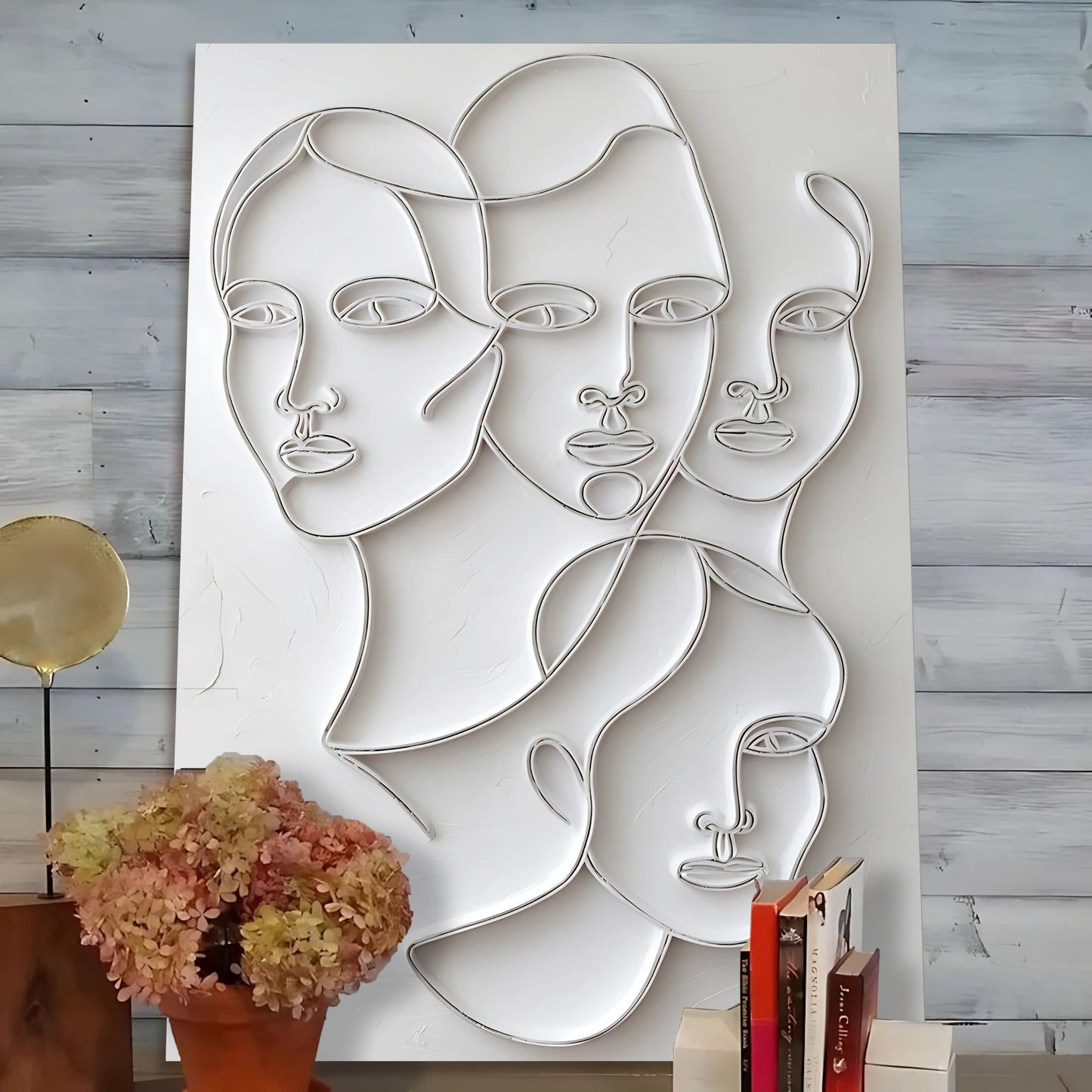 3D Minimalist Faces Wall Art canvas by Tailored Canvases, white embossed line sculpture on Tampa Home & Garden Store