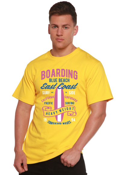 Boarding Blue Beach men's T-shirt in yellow with pink blue surf print by Spun Bamboo on Tampa Home & Garden Store